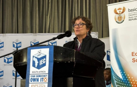 IEC Commissioner Janet Love at the launch of the annual #SchoolsDemocracyProgramme at Pace Commercial School of Specialisation in Soweto.