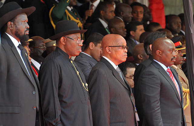 President Zuma with Nigerian President Goodluck Jonathan, President of South Sudan Salva Kirr and DRC President Joseph Kabila Kabange with several other African heads of at the Presidential inauguration of Kenya's fourth President Uhuru Kenyatta. Source: GCIS