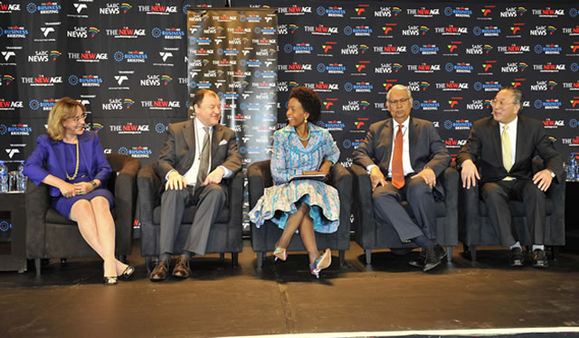 Minister of International Relations and Cooperation Maite Nkoana-Mashabane at a Morning Live, New Age Breakfast show.  With her is Brazilian Sherpa Amb Maria Edileuza Fontenelle Reis (far left), Russian Sherpa Amb Vadim Lukov (second to left), centre Minister Maite Nkoana-Mashabane, India's Sherpa Amb Pinak Ranjan Chakravarty and China's Sherpa DG Zhang Jun. Source: GCIS