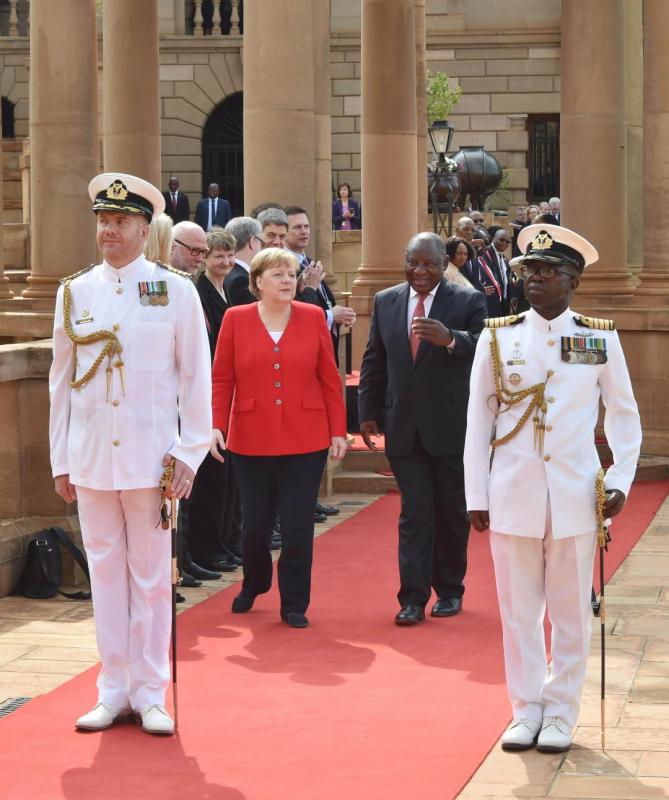 German Chancellor Angela Merkel and President Cyril Ramaphosa meet at the Union Buildings in Tshwane.