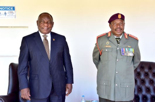 President Cyril Ramaphosa and the new South African National Defence Force (SANDF) Chief, General Rudzani Maphwanya at Pretoria Military Sports Club in Thaba Tshwane.