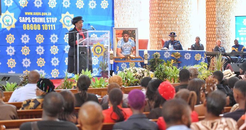 Acting President Angie Motshekga addresses memorial service for Warrant Officer Thomas Shongwe.