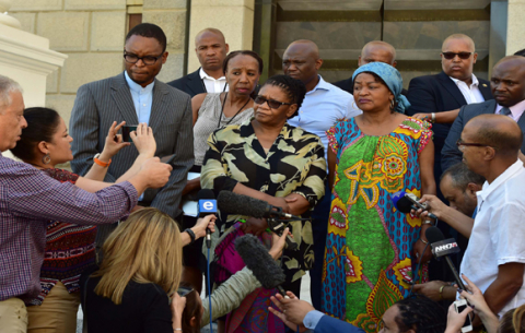 Parliament Presiding Officers, Speaker Baleka Mbete and NCOP Chairperson Thandi Modise addressing a media briefing to announce the Postponement of SONA 2018. Cape Town. GCIS