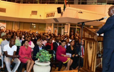 President Cyril Ramaphosa addresses CoGTA staff during his visit to the department in Pretoria.