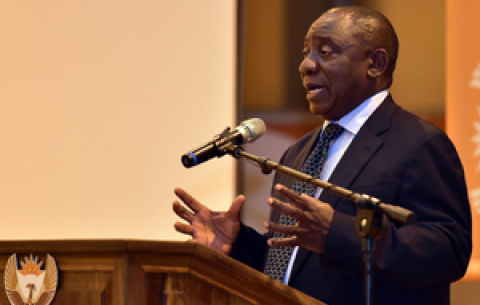 President Cyril Ramaphosa addresses CoGTA staff during his visit to the department in Pretoria.