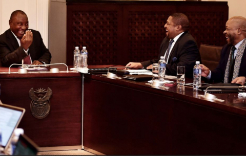 President Ramaphosa meets with the IEC's Glen Mashinini and Terry Tselane.