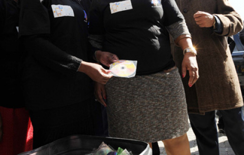 Communications Minister Nomvula Mokonyane and her Deputy Pinky Kekana during the destruction of confiscated CDs and DVDs.