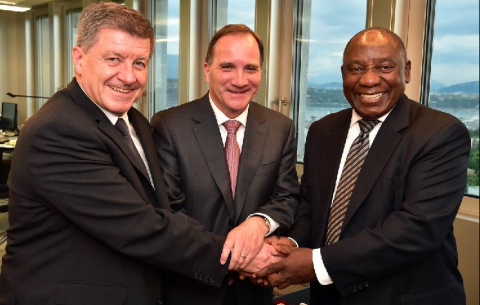 Swedish Prime Minister Stefan Lofven (middle) joins President Ramaphosa and ILO DG Guy Ryder during their bilateral talks ahead of the meeting of the Global Commission of Future of Work.