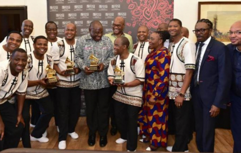 President Cyril Ramaphosa and Minister Nathi Mthethwa during a meet and greet session with members of the internationally acclaimed and multi-award winning music group, the Ladysmith Black Mambazo before the concert in honour of the late former President Nelson Mandela at the State Theatre in Tshwane. 