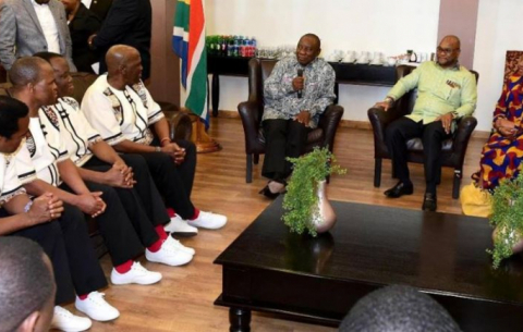 President Cyril Ramaphosa and Minister Nathi Mthethwa during a meet and greet session with members of the internationally acclaimed and multi-award winning music group, the Ladysmith Black Mambazo before the concert in honour of the late former President Nelson Mandela at the State Theatre in Tshwane.