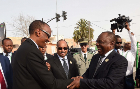 Presidents Ramaphosa, Paul Kagame and Abdel Aziz at the inauguration of Nelson Mandela Avenue in Nouakchott, Mauritania.