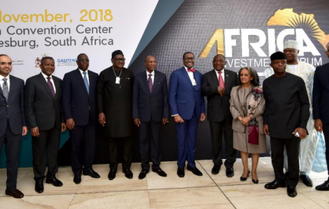 President Cyril Ramaphosa, with African Heads of State, at the official opening of the inaugural session of the African Development Bank’s Africa Investment Forum at the Sandton Convention Centre.