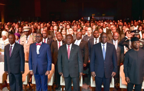 President Cyril Ramaphosa, with African Heads of State, at the official opening of the inaugural session of the African Development Bank’s Africa Investment Forum at the Sandton Convention Centre.