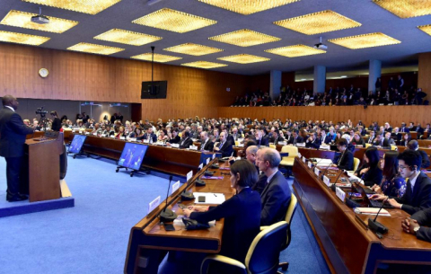 President Cyril Ramaphosa addressing the official launch of the Global Commission on the Future of Work report at the ILO headquarters in Geneva, Switzerland.