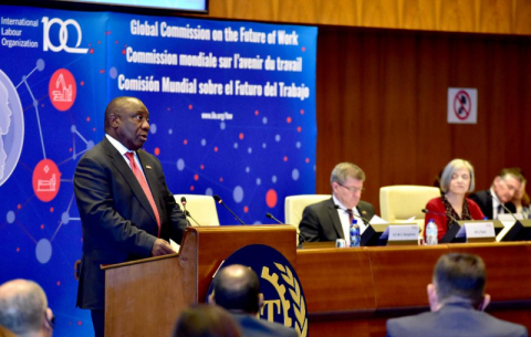 President Cyril Ramaphosa addressing the official launch of the Global Commission on the Future of Work report at the ILO headquarters in Geneva, Switzerland.