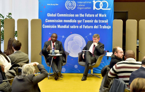 President Cyril Ramaphosa and the DG of the ILO Guy Ryder launch the Global Commission on the Future of Work report at the headquarters of the ILO in Geneva, Switzerland.