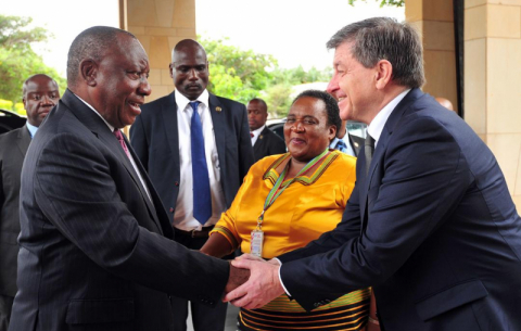 President Ramaphosa, Labour Minister Mildred Oliphant, Labour Deputy Minister Phathekile Holomisa and ILO DG Guy Ryder at the national launch of the Global Commission on the Future of Work Report in KZN.