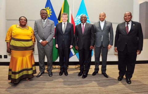 President Ramaphosa, Labour Minister Mildred Oliphant, Labour Deputy Minister Phathekile Holomisa and ILO DG Guy Ryder at the national launch of the Global Commission on the Future of Work Report in KZN.