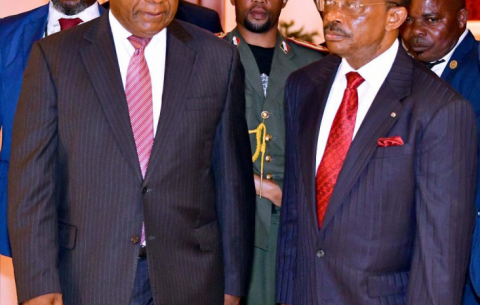 The President is welcomed by Prime Minister Franscisco Pascual Obama Asue on arrival at Malabo International Airport.