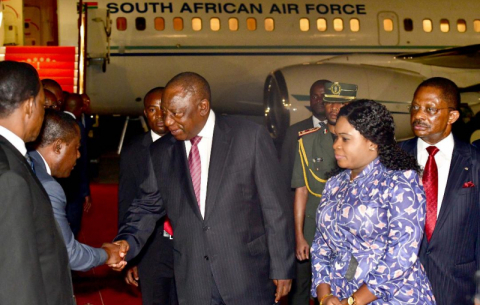 The President is welcomed by Prime Minister Franscisco Pascual Obama Asue on arrival at Malabo International Airport.