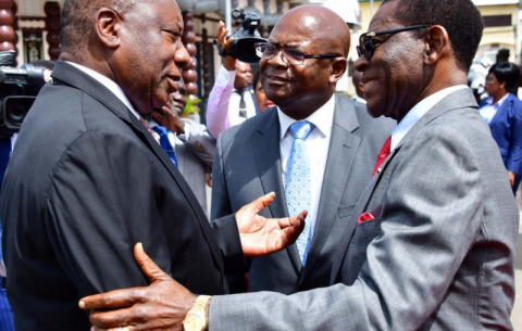 President Cyril Ramaphosa welcomed by President Nguema Mbasago on arrival at the Palace of the People in Malabo.