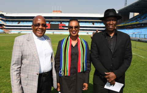 Health Minister Aaron Motsoaledi, Communications Minister Stella Ndabeni-Abrahams and Police Minister Bheki Cele inspect Loftus Versfeld ahead of the 25 May inauguration.