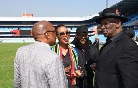 Health Minister Aaron Motsoaledi, Communications Minister Stella Ndabeni-Abrahams, the GCIS's Lennox Mabaso and Police Minister Bheki Cele inspect Loftus Versfeld ahead of the 25 May inauguration.