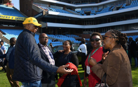 Presidency DG Cassius Lubisi, GCIS acting DG Phumla Williams, Parliament Deputy Secretary Baby Tyawa inspect Loftus Versfeld Stadium ahead of the 25 May inauguration.