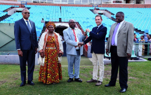 Presidency DG Cassius Lubisi, Minister in the Presidency Nkosazana Dlamini-Zuma, Public Works Minister Thulas Nxesi and Loftus operations manager Hugo Kemp and at the key handover ceremony ahead of the 25 May inauguration.