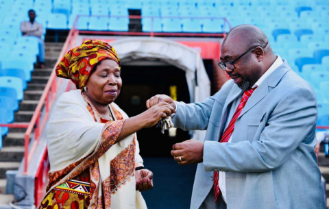 Minister in the Presidency Nkosazana Dlamini-Zuma and Public Works Minister Thulas Nxesi at the key handover ceremony at Loftus Versfeld Stadium ahead of the 25 May inauguration.