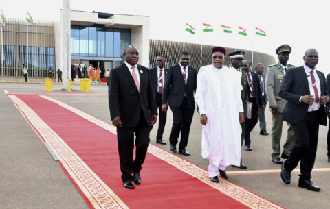 President Cyril Ramaphosa  meeting with the President of The Republic of Niger Mahamadou Issoufou on conclusion of the 12th Extraordinary Summit of African Union in Niger.