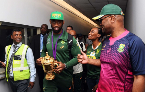 Springboks captain Siya Kolisi arrives at OR Tambo International Airport after the Boks' victory in Japan.