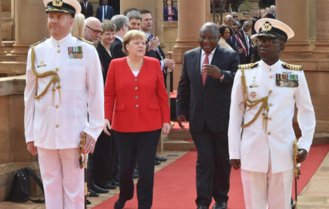 German Chancellor Angela Merkel and President Cyril Ramaphosa meet at the Union Buildings in Tshwane.