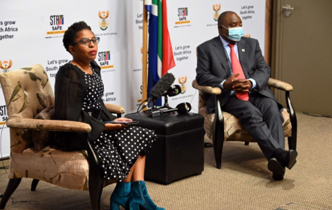 President Cyril Ramaphosa and Acting Minister in the Presidency Khumbudzo Ntshavheni engage the media post 2021/22 Presidency Budget Vote. 