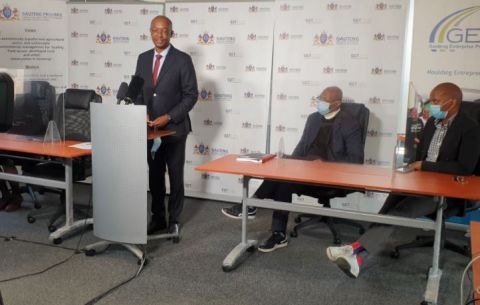 Gauteng Economic Development MEC Parks Tau addresses the Gauteng Rebuilding Fund briefing.