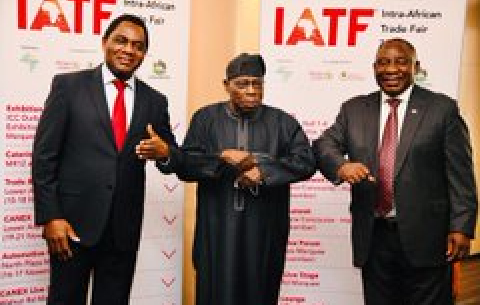 President Cyril Ramaphosa, accompanied by former President of Nigeria, Olusegun Obasanjo, receive African Heads of State and Government at the Intra African Trade Fair 2021 in KwaZulu-Natal.  