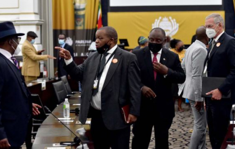 Finance Minister Enoch Godongwana, Mineral Resources and Energy Minister Gwede Mantashe and President Ramaphosa in the Good Hope Chamber ahead of 2022 Budget Speech.