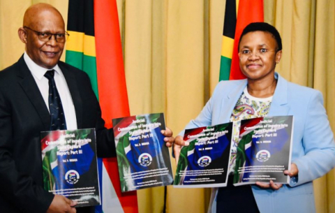 Presidency Director-General Ms Phindile Baleni receiving the third volume of the report of the Judicial Commission of Inquiry into Allegations of State Capture.