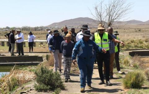 Water and Sanitation Deputy Minister Isaac Seitlholo conducts an oversight visit in Springfontein in the Kopanong Local Municipality in the Free State, 5 October 2024. The visit comes after complaints from farmers in the area regarding sewer spillages into local stream, negatively impacting agricultural.