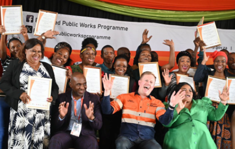 Public Works Minister Dean Macpherson and Speaker of Thembisile Hani Local Municipality, Poppy Msiza, hand over 160 certificates to Expanded Public Works Programme participants in KwaMhlanga. 04/03/2025.